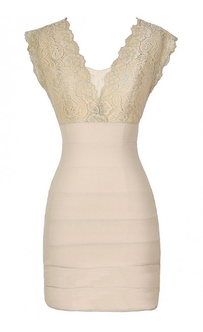 Wrapped In Lace Bodycon Dress in Beige